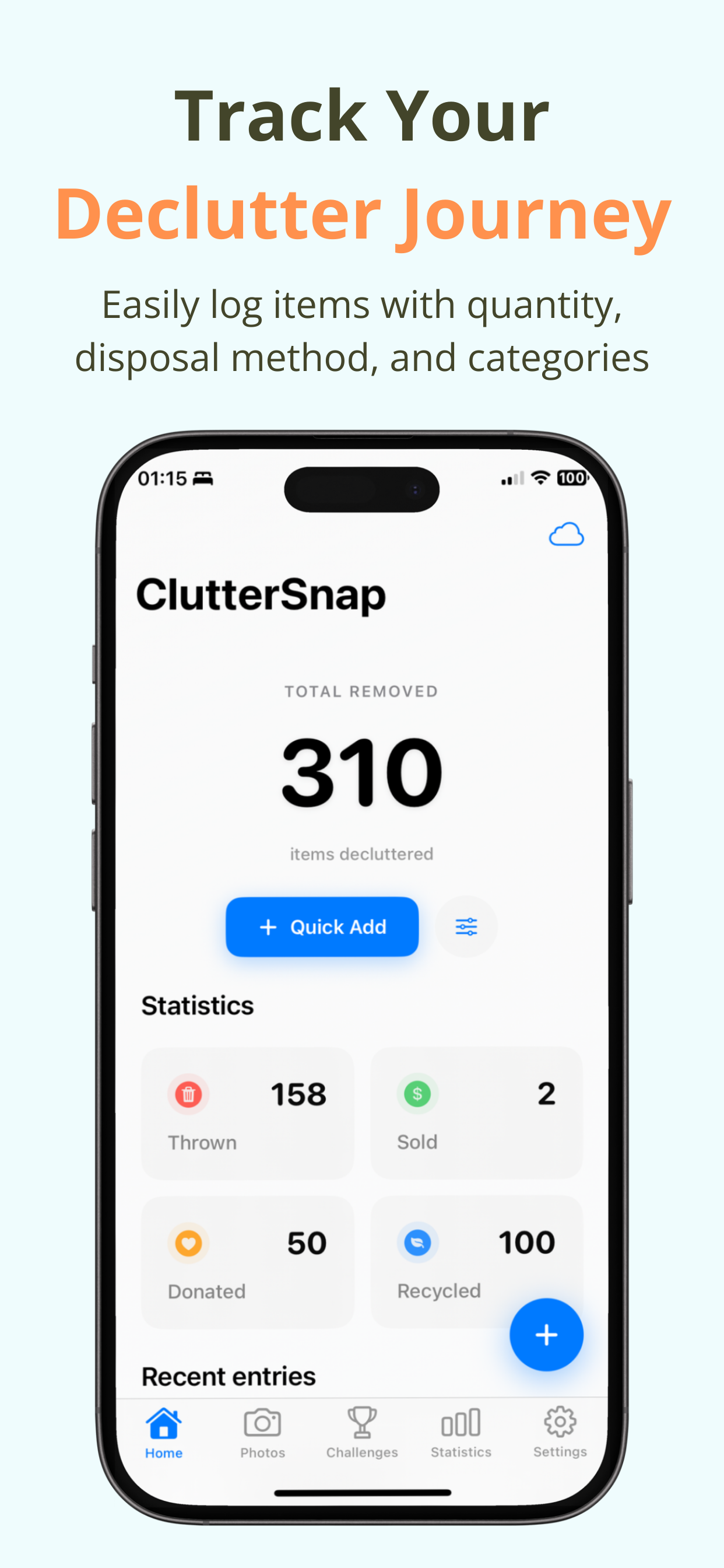 Declutter Quest App - Easy item tracking interface showing +1 tap to log decluttered items