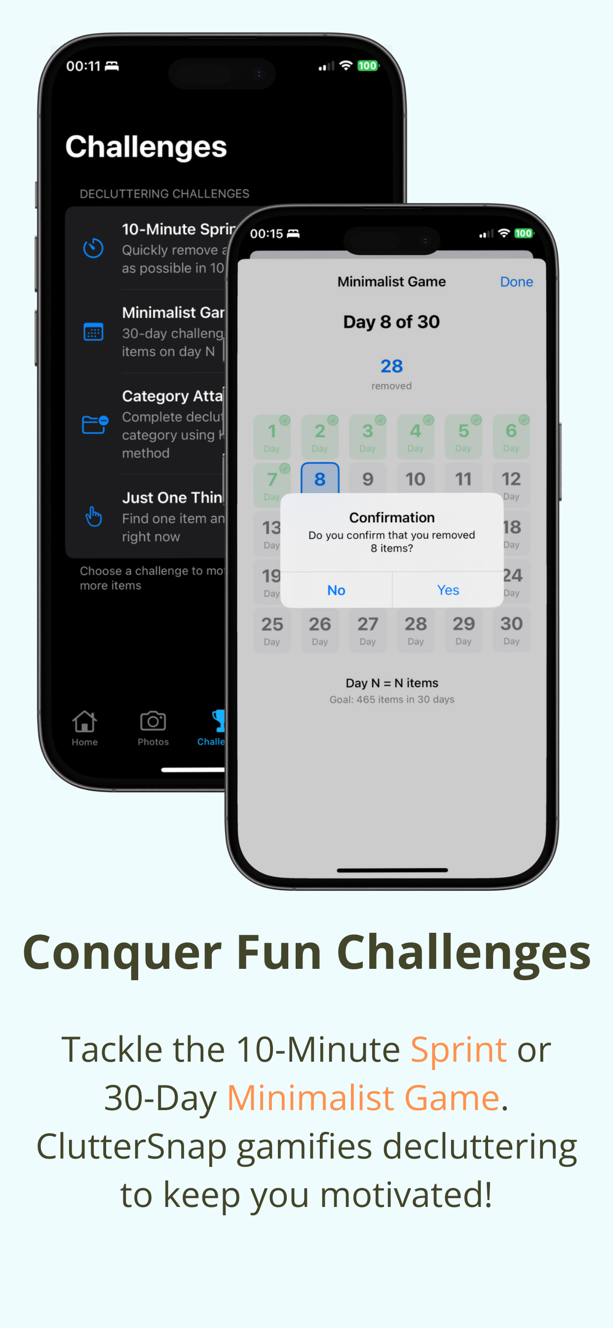 Declutter Quest challenges screen - 30-Day Minimalist Game, 10-Minute Sprint, Category Attack