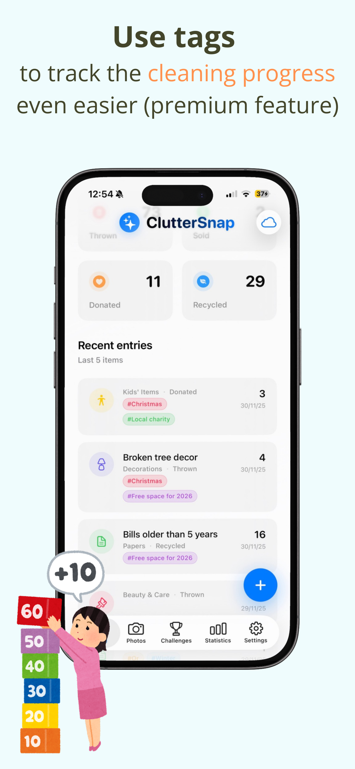 Declutter Quest progress dashboard with charts showing decluttering statistics and calendar